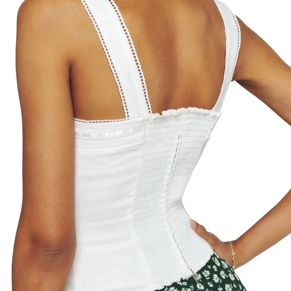 Reformation Eloise White Smocked Linen Tank Top Size 2 Resort Cruise Lace Basic - Picture 2 of 11